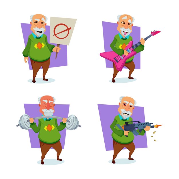 Vector conjunto de dibujos animados anciano levantando pesas, tocando guitarra, disparando rifle, sosteniendo pancarta con señal de stop