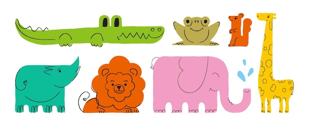 Vector conjunto de dibujos animados con animales dibujados a mano elefante jirafa león cocodrilo rinoceronte ardilla y sapo sobre un fondo blanco tema infantil