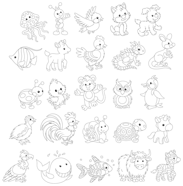 Conjunto de dibujos animados de animales Kawaii de juguete ilustraciones de vectores de contorno en blanco y negro para un libro para colorear