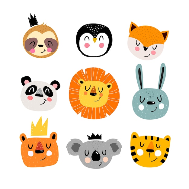 Conjunto de dibujos animados con animales lindos Ilustración de dibujo a mano