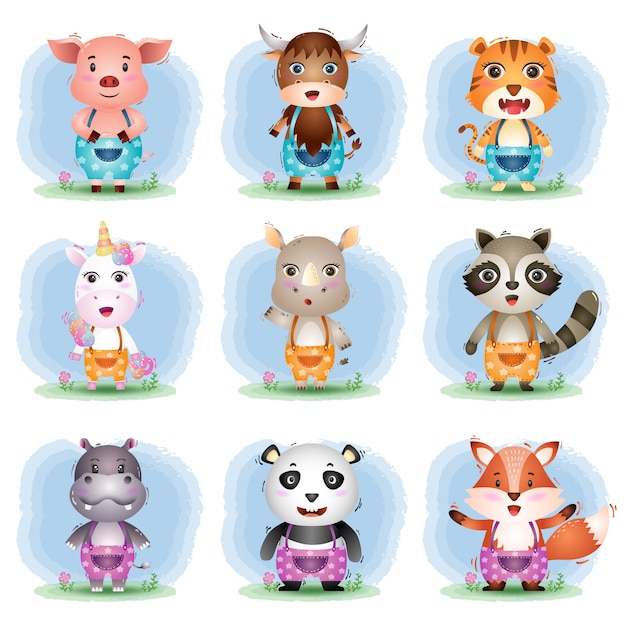 Conjunto de dibujos animados de animales lindos, el personaje de cerdo lindo, yak, tigre, unicornio, rinoceronte, mapache, hipopótamo, panda y zorro