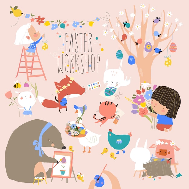 Conjunto de dibujos animados con animales lindos que se preparan para la Pascua Pintura Artesanía