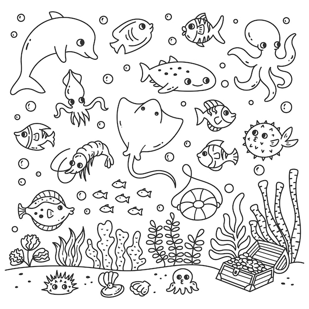 Conjunto de dibujos animados de animales marinos en estilo doodle