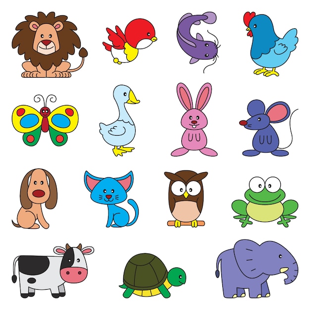 Vector conjunto de dibujos animados de animales simples