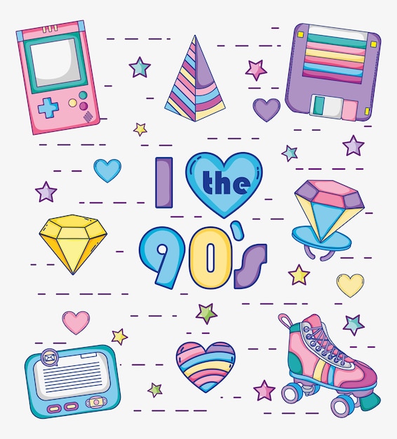 Conjunto de dibujos animados de los años 90 vector ilustración diseño gráfico