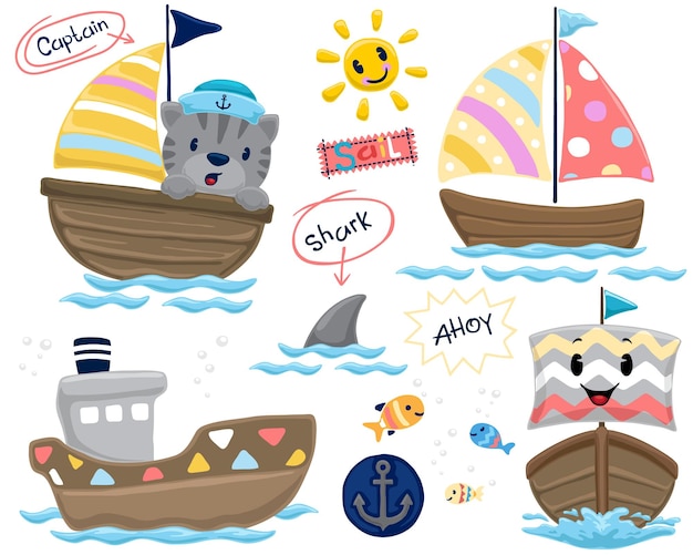 Vector conjunto de dibujos animados de barco dibujado a mano con adornos coloridos gato divertido en velero animales marinos