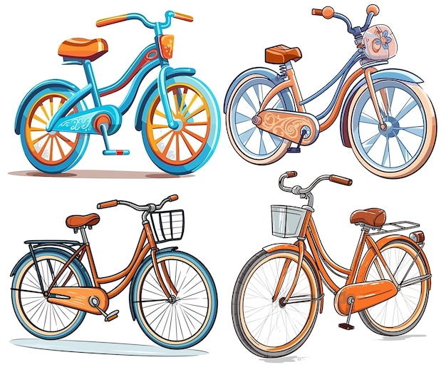 Conjunto de dibujos animados de bicicletas aislado en un fondo blanco