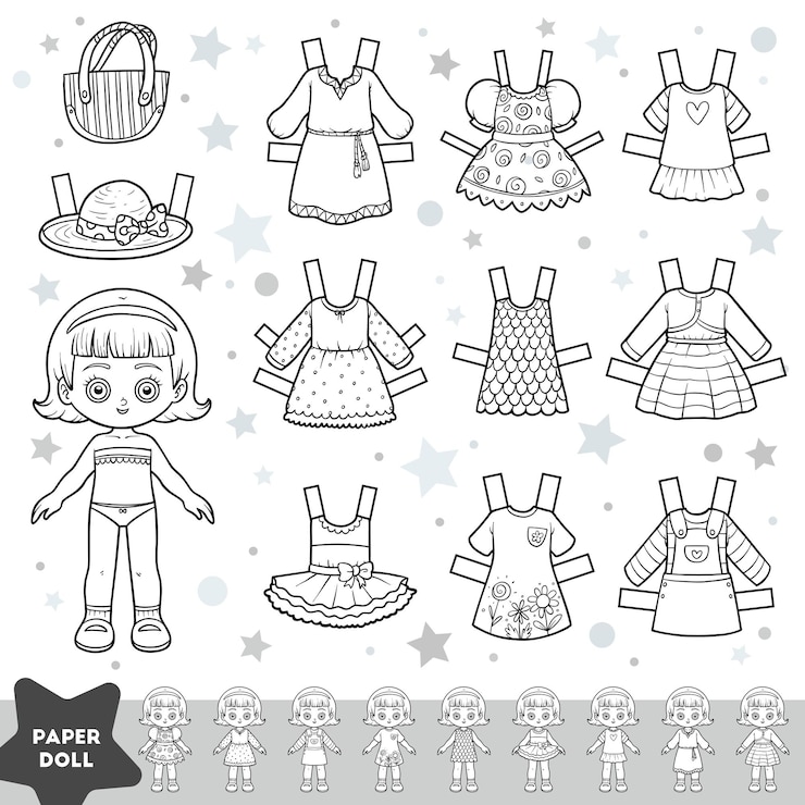 Vector conjunto de dibujos animados en blanco y negro linda muñeca de papel y conjunto de ropa de verano
