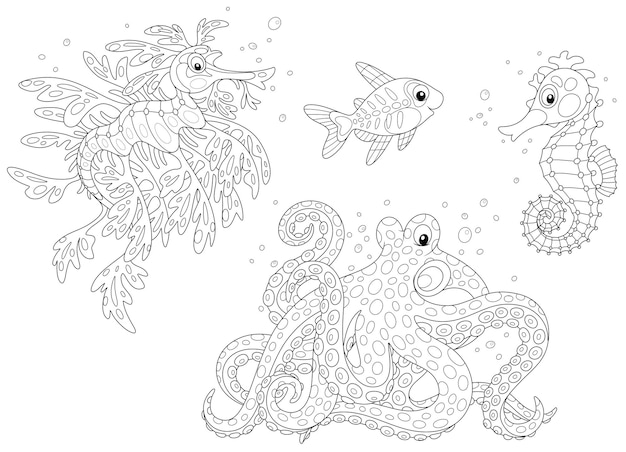 Vector conjunto de dibujos animados en blanco y negro vectorial de un caballito de mar de un dragón de mar frondoso, un pulpo y un pez divertido