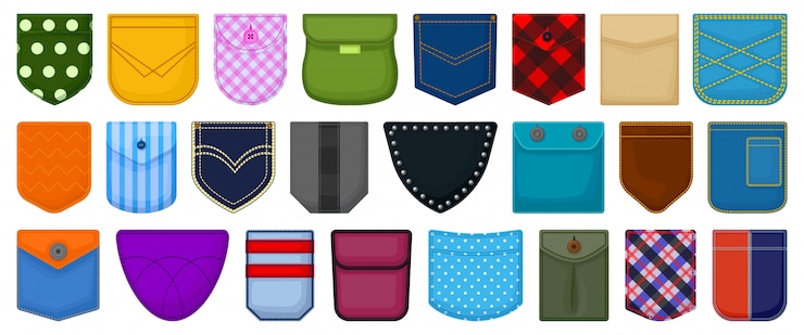Vector conjunto de dibujos animados de bolsillo icono. ilustración bolsa de tela sobre fondo blanco. conjunto de dibujos animados icono de bolsillo.