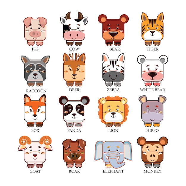 Conjunto de dibujos animados cabeza de animales lindos colección