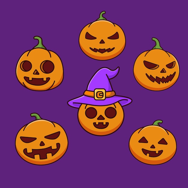 Conjunto de dibujos animados de calabaza espeluznante, fiesta de halloween. ilustración vectorial