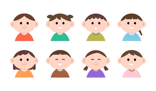 Un conjunto de dibujos animados de cara de niños lindos niños felices están sonriendo vector plano aislado