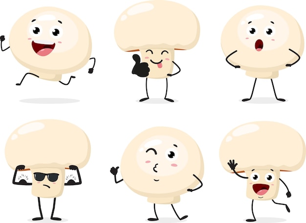 Conjunto de dibujos animados de Champignon Mushroom aislados sobre un fondo blanco