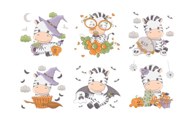 Conjunto de dibujos animados colección de cebra de halloween de lindas ilustraciones de animales de halloween vectoriales