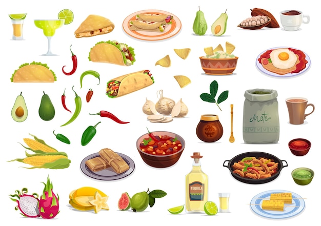 Vector conjunto de dibujos animados de comida y bebida de cocina mexicana