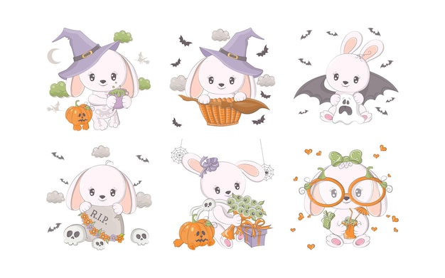 Conjunto de dibujos animados de conejo de halloween colección de ilustraciones vectoriales lindas de liebre de halloween