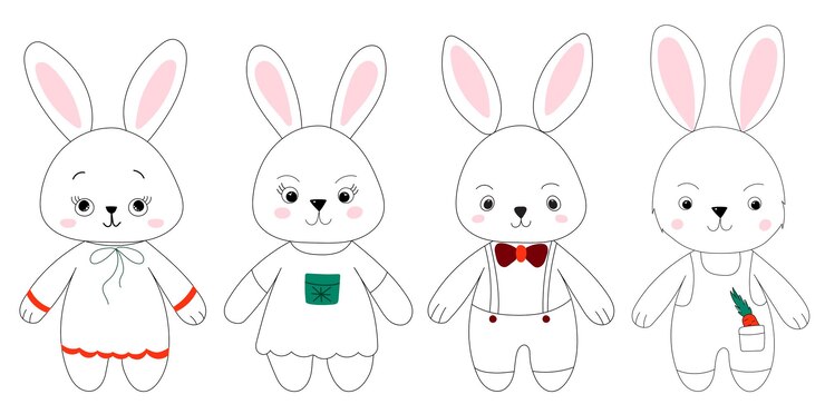 Vector conjunto de dibujos animados de conejos esquema de boceto vector aislado