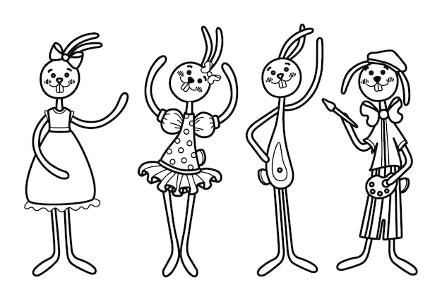 Conjunto de dibujos animados conejos línea arte animal liebre orejas conejito personaje chica en túnicas bailarina artista alegre dibujado a mano vector doodle ilustración elemento aislado en blanco y negro