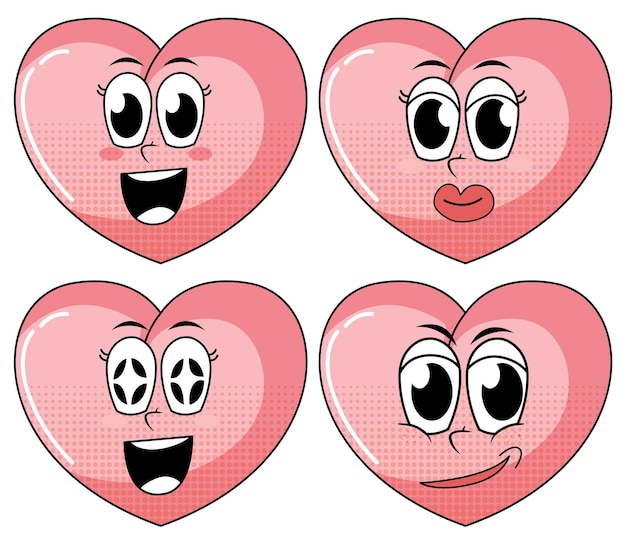 Conjunto de dibujos animados de corazón de estilo vintage de expresión facial en ba blanca