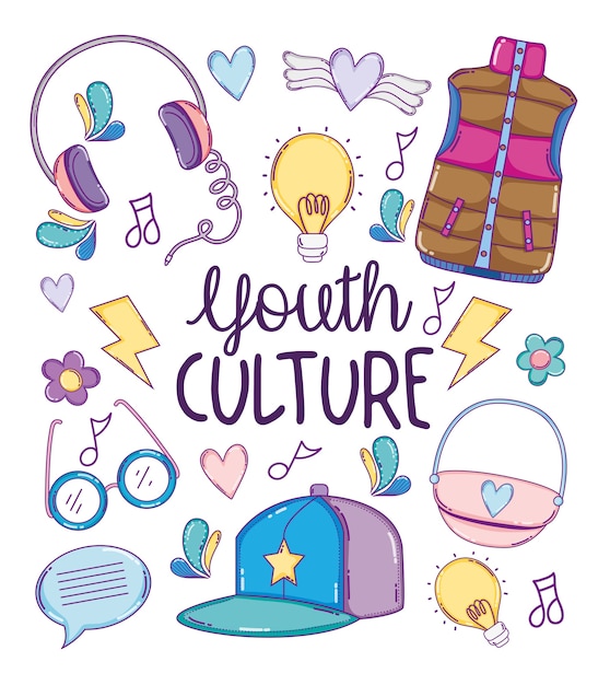 Conjunto de dibujos animados de la cultura juvenil