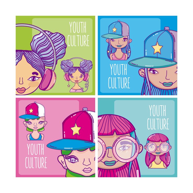 Vector conjunto de dibujos animados de cultura juvenil