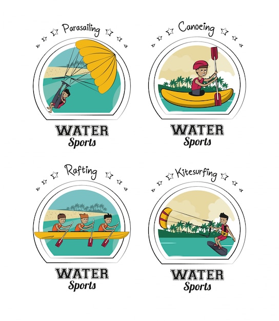 Conjunto de dibujos animados de deportes acuáticos en iconos redondos