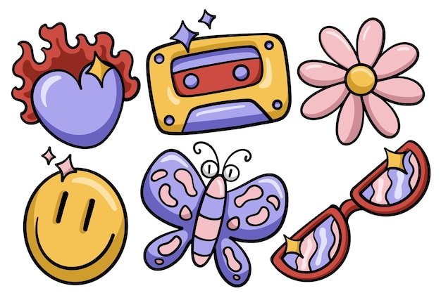 Conjunto de dibujos animados dibujados a mano colección de elementos y2k Vector aislado