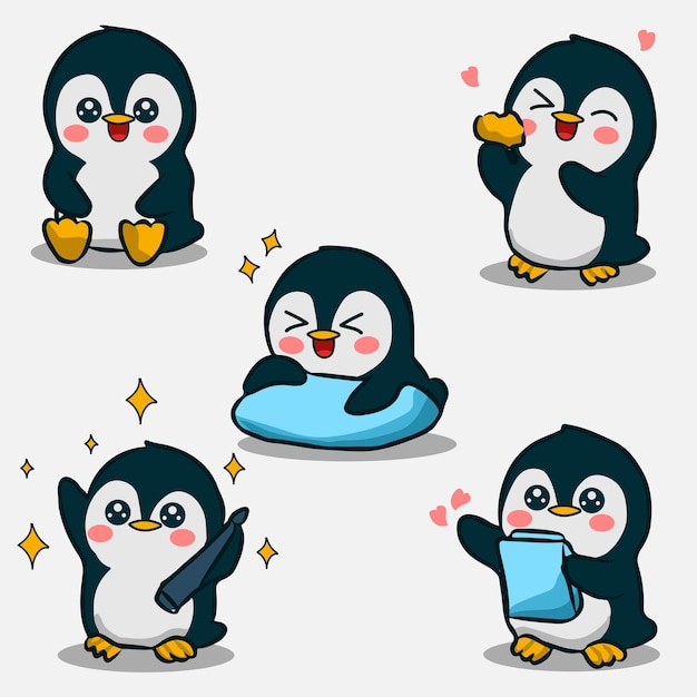 conjunto de dibujos animados dibujados a mano conjunto de pingüinos vector