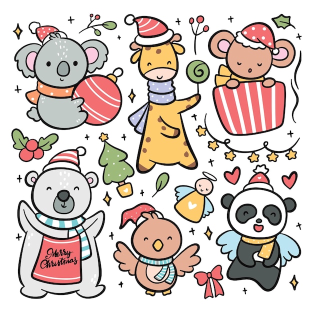 Conjunto de dibujos animados dibujados a mano ilustración de vector de animales de Navidad