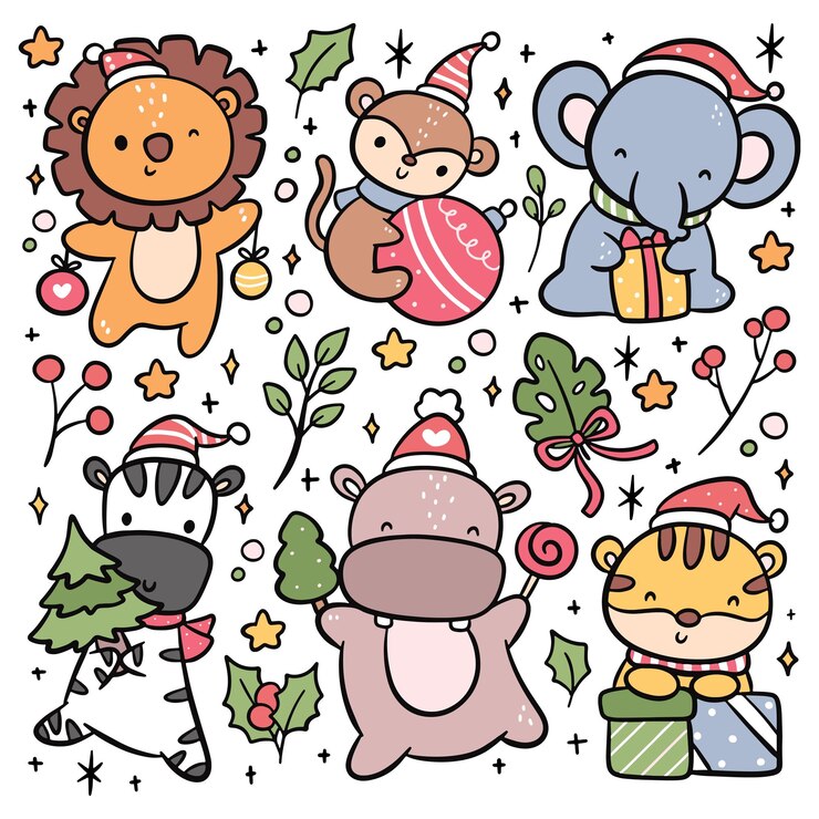 Vector conjunto de dibujos animados dibujados a mano ilustración de vector de animales de navidad