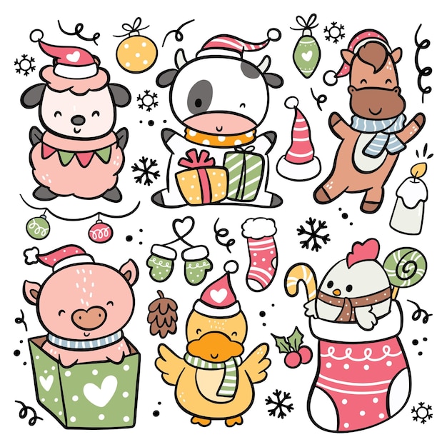 Vector conjunto de dibujos animados dibujados a mano ilustración de vector de animales de navidad