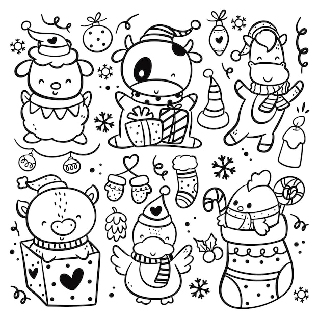 Conjunto de dibujos animados dibujados a mano ilustración de vector de animales de Navidad
