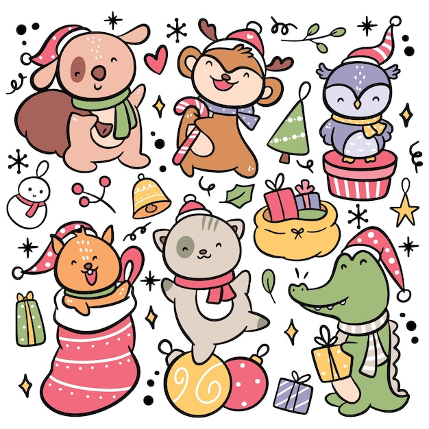 Conjunto de dibujos animados dibujados a mano ilustración de vector de animales de navidad