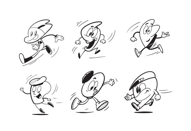 Un conjunto de dibujos animados dibujados a mano que ejecutan la expresión Vector Doodle