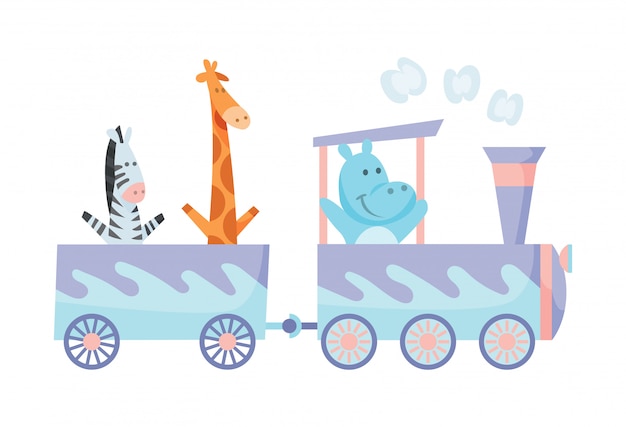 Conjunto de dibujos animados con diferentes animales en trenes. Hipopótamo jirafa y cebra.
