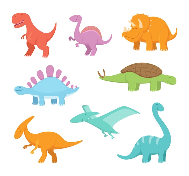 Conjunto de dibujos animados de dinosaurios divertidos. imágenes vectoriales del período prehistórico.