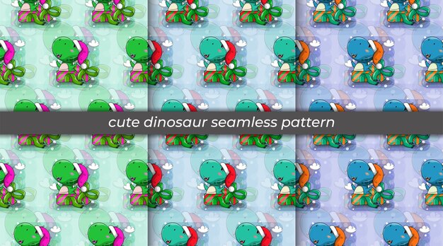 Conjunto de dibujos animados de dinosaurios con sombrero y en la caja de regalo de patrones sin fisuras