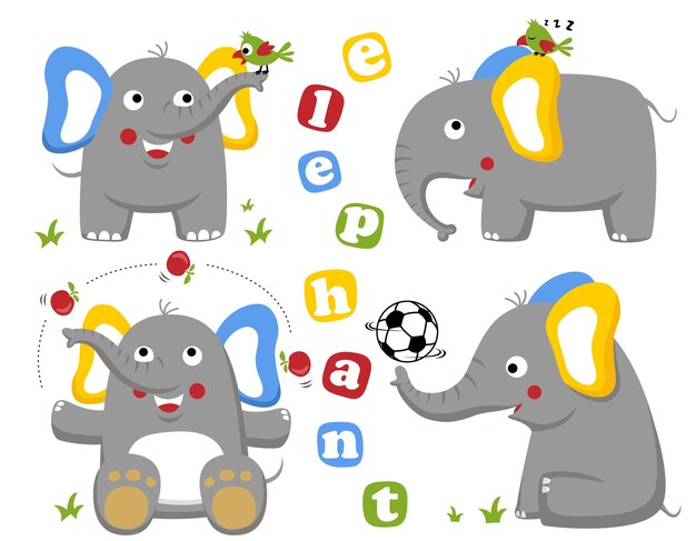 Conjunto de dibujos animados divertidos elefantes