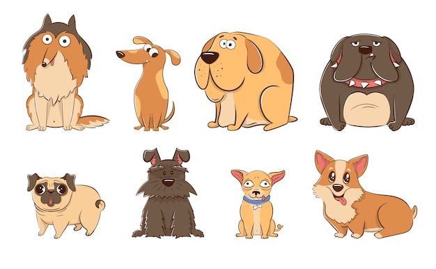 Conjunto de dibujos animados divertidos de perros grandes y pequeños en estilo plano ilustración vectorial de mascotas amigables de diferentes razas con pelaje bien cuidado