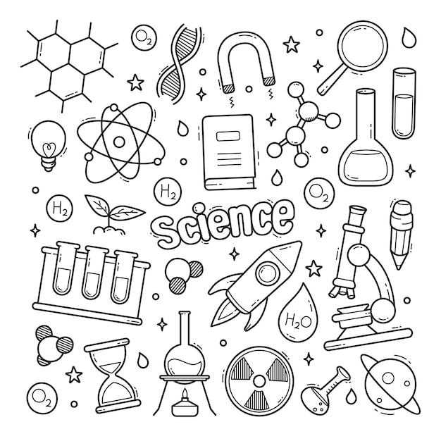 Conjunto de dibujos animados de doodle dibujado a mano vectorial de elementos temáticos de ciencia