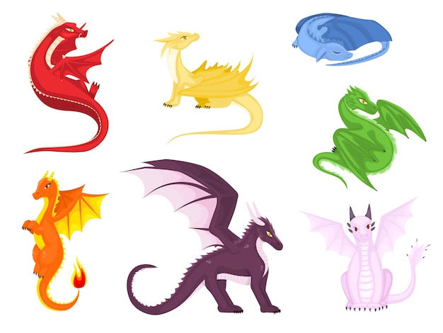 Vector conjunto de dibujos animados de dragones sobre fondo blanco hada linda libélula colección de iconos bebé dragón de fuego