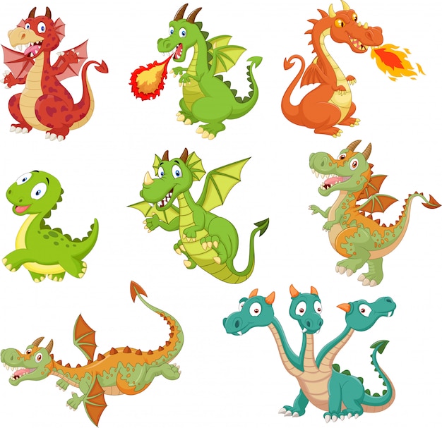 Conjunto de dibujos animados de dragones sobre fondo blanco