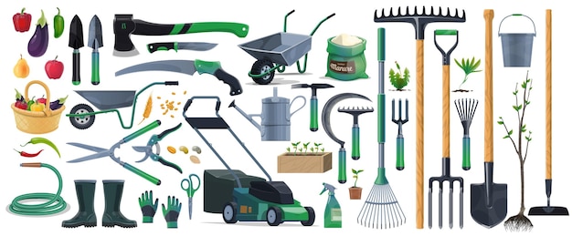 Vector conjunto de dibujos animados de equipos de herramientas de jardín agricultura