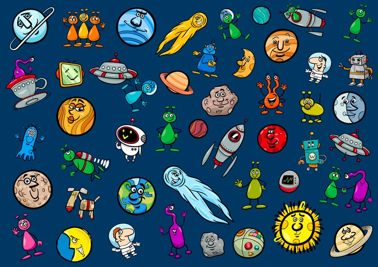 Vector conjunto de dibujos animados de espacio y fantasía