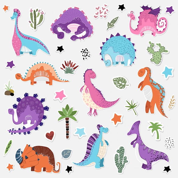 Vector conjunto de dibujos animados de etiqueta de dinosaurios