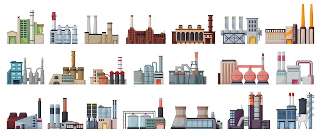 Conjunto de dibujos animados de fábrica industrial aislado icono. Conjunto de dibujos animados icono de fabricación del edificio.