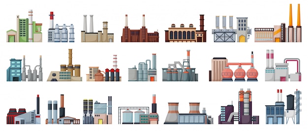 Vector conjunto de dibujos animados de fábrica industrial aislado icono. conjunto de dibujos animados icono de fabricación del edificio.