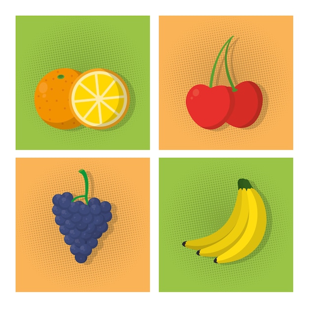 Vector conjunto de dibujos animados de frutas dulces en iconos cuadrados