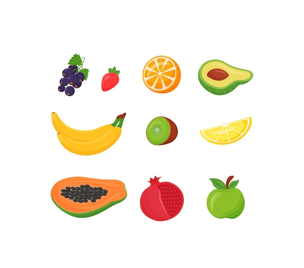 Conjunto de dibujos animados de frutas frescas. comida sana de grosella negra, fresa y naranja. plátanos exóticos y kiwi, objeto de color plano. limón tropical y papaya aislado sobre fondo blanco.